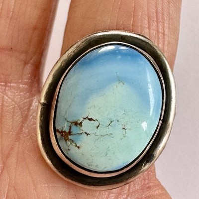 Navajo Turquoise Ring Blue Golden Hills Adjustable Signed AM Sterling Native