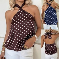 Ladies Polka Dot Backless Satin Silk Summer Shirt Cami Halter Neck Vest Tops Tee