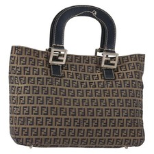 FENDI Zucchino Canvas Hand Bag Navy Silver Auth 149376