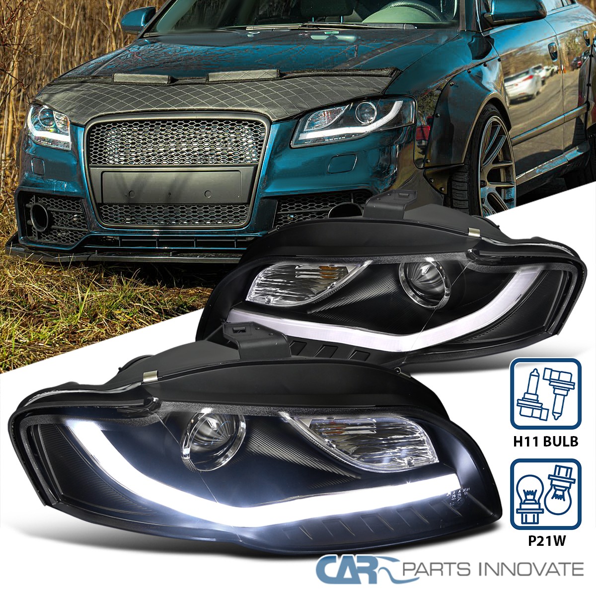 Fits 2006-2008 Audi A4 Black Projector Headlights Driving