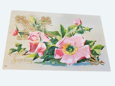Antique 1909 Embossed Easter Postcard Pink Roses & Cross Design Gold Accents