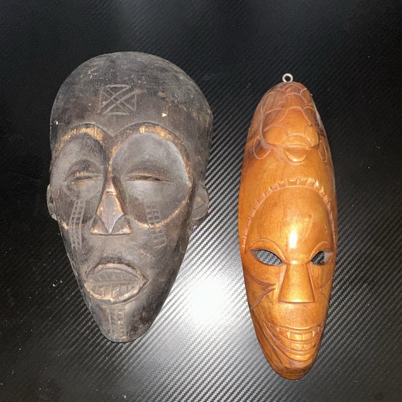 Hand-Carved Brown Wooden tribal masks lot of 2