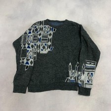 Vintage Abstract Knitted Jumper Patterned Grandad Knit Sweater Men's M