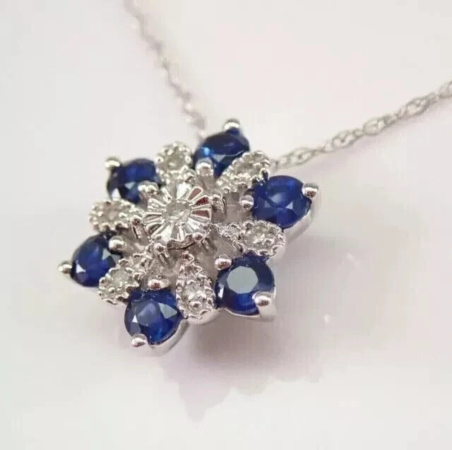 1.80Ct Round Cut blue Sapphire & Diamond Snow Flakes Pendant 14k White Gold Over - Image 2 of 4