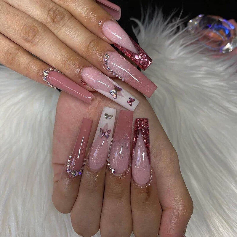 Hot Girl Pink Glitter Fake Nails with 3D Rhinestones Butterfly Press On  Nails