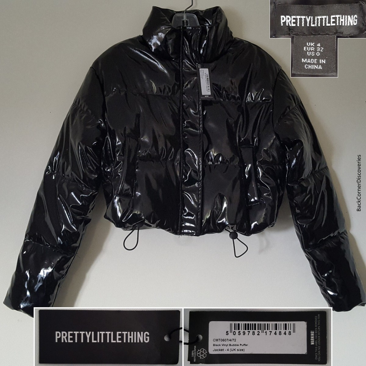 NWT PrettyLittleThing SIZE 0 Glossy Black Vinyl Cropped Zip