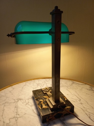 Lampe De Bureau Banquier Notair Art Déco Marbre Noir Opaline Vert - Photo 12/12