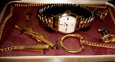BENRUS GENTS WATCH SQUARE JEWELED FACE PERFECT NEW OLD STOCK, COMPLETE DRESS SET