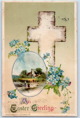1918 Easter Greetings Holy Cross Flowers John Winsch Embossed Hector MN Postcard
