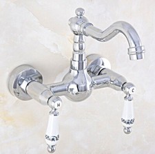Chrome Brass Bathroom Basin Sink Faucet Wall Mount Dual Ceramic Handle Mixer Tap