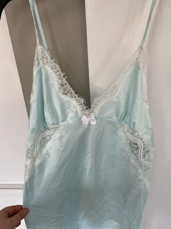 $58 NUEVO CON ETIQUETAS CAMISÓN BETSEY JOHNSON AZUL MUJER SATINADO/ENCAJE TALLA GRANDE JL94 Foto 4 de 4