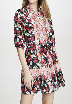 saloni tyra silk dress Saloni Tyra Mini Dress Silk Tropical Floral Pink Striped Patchwork Belted US 6