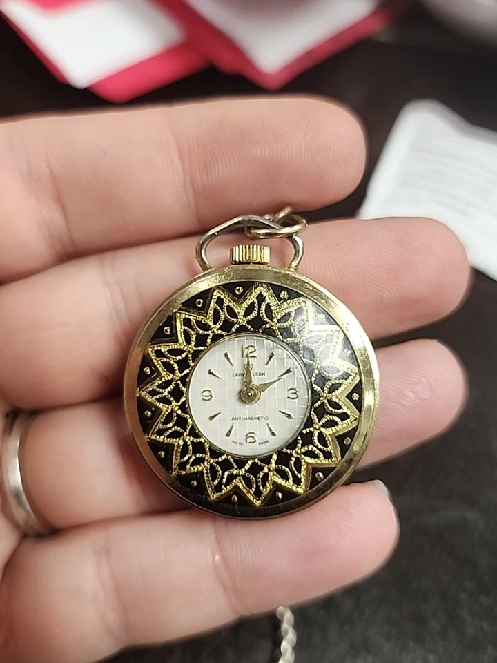 Lady Nelson Pendant WATCH GoldTone Black Necklace Chain Manual Wind Chain As Is - Image 2 of 4