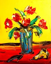 RED ROSES   Original Painting   NO reserve STRETCHED   signed CANVAS FI8T98