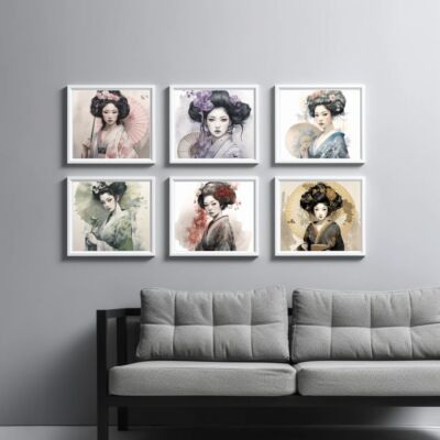 Japanese Geisha Digital Art Print Set, Watercolor Aesthetic