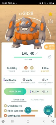  PVP BEASTS!  LVL40 RHYPERIOR + 3800CP + 2ND MOVE!!!  - PKMN GO - NO REGISTER