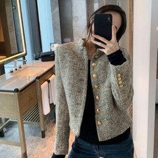 Women Brass Tweed Blazer Jacket - Single Breasted Outfit W/ Yellow Buttons