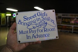RARE STREET GIRLS BRINGING SAILORS HOTEL ROOM BROTHEL PORCELAIN METAL SIGN SEX