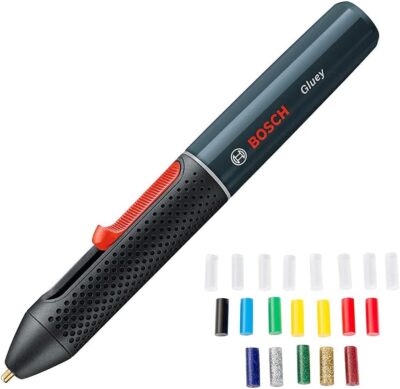 Bosch Akku Heißklebestift Gluey Smoky Grey mit 20 Klebesticks Grau Holz Stoff