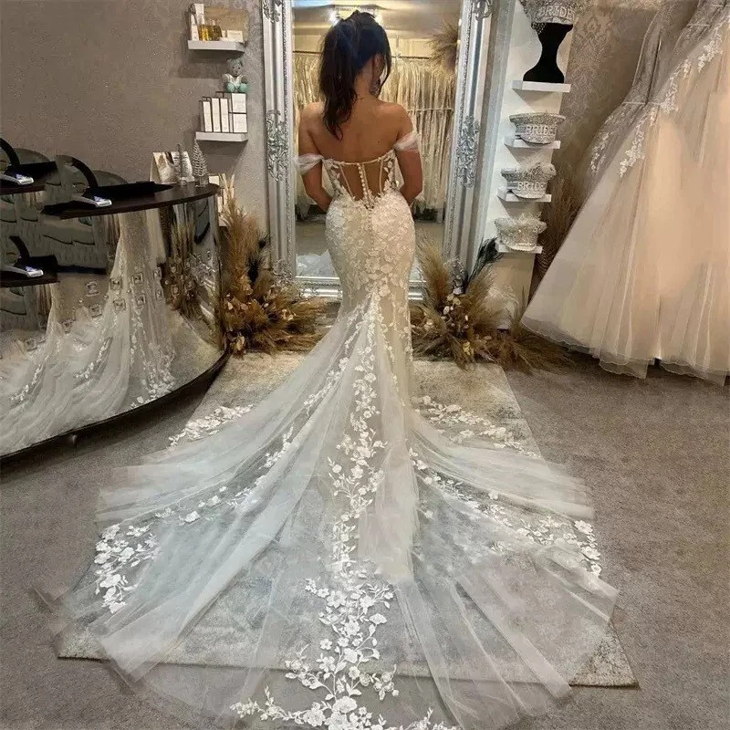 Luxury Off Shoulder Mermaid Wedding Dress Lace Appliques Train Plus Size Bridal - Image 4 of 4