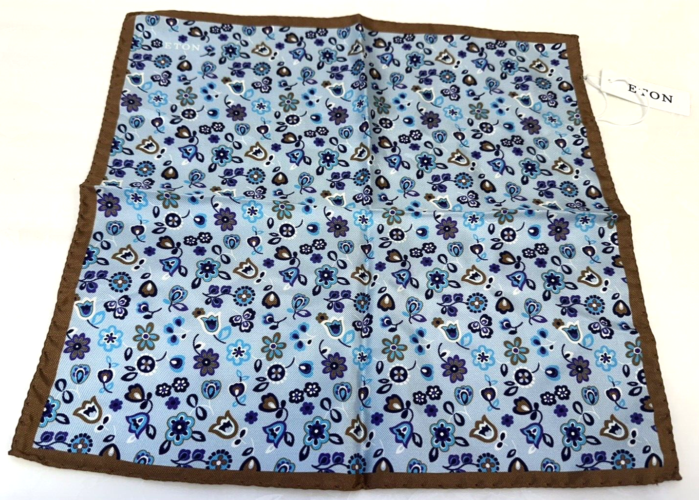 NEW! Eton blue floral with brown border 100% silk pocket square
