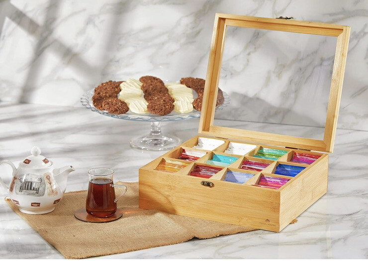 Royal House Natural Bamboo Tea Caddy Storage Container 12 Compartments
