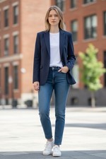 Boden Women s Classic Tailored Navy Blue Two Button Jersey Blazer Sz 4 Unlined