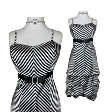 Y2K Black White Striped Mini Dress, Satin Bubble Hem Party Cocktail Dress