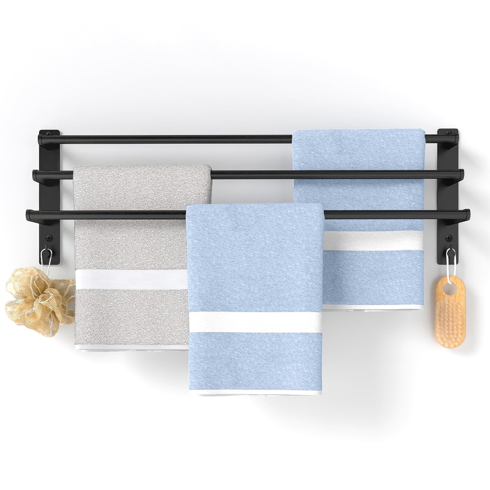 Porte-serviettes sans perçage 80cm à 3 étages en acier noir mat pour salle de bain