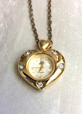 Gold Crystal Heart Watch Pendant on Gold Chain Necklace for Women NEW Vintage 