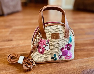 Disney Mickey Mouse Embroidered Straw Mini Handbag with Detachable Strap