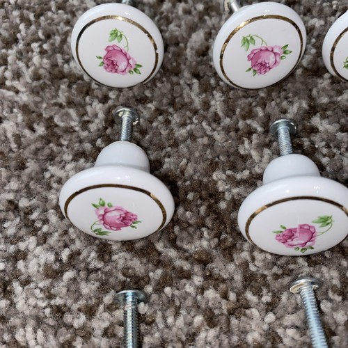 4 VTG Porcelain Knobs Pulls Drawer Cabinet Door White Pink Rose Flower 1.25" AVE - Picture 7 of 8
