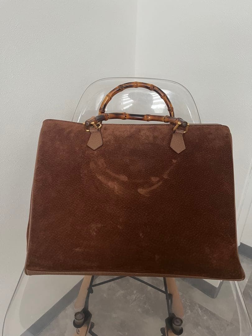 GUCCI Vintage Bamboo Suede Tote Bag Brown Leather Excellent Condition thumbnail 2