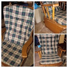 Vintage Spindle-Back Wooden Glider Rocking Chair with Plaid Cushions — listing 2