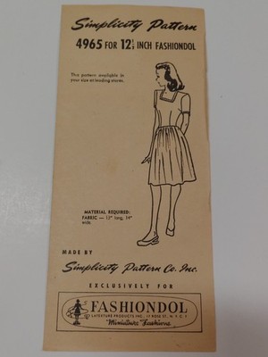 Simplicity 4965 Fashiondol 12 1/2'' Doll Dress Sewing Pattern VTG 40s Cut Fashion