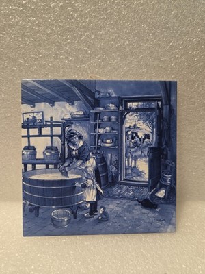 VTG Dutch Ceramic Tile Wall Art Ter Steege Holland Cheese Making Scene BlueWhite