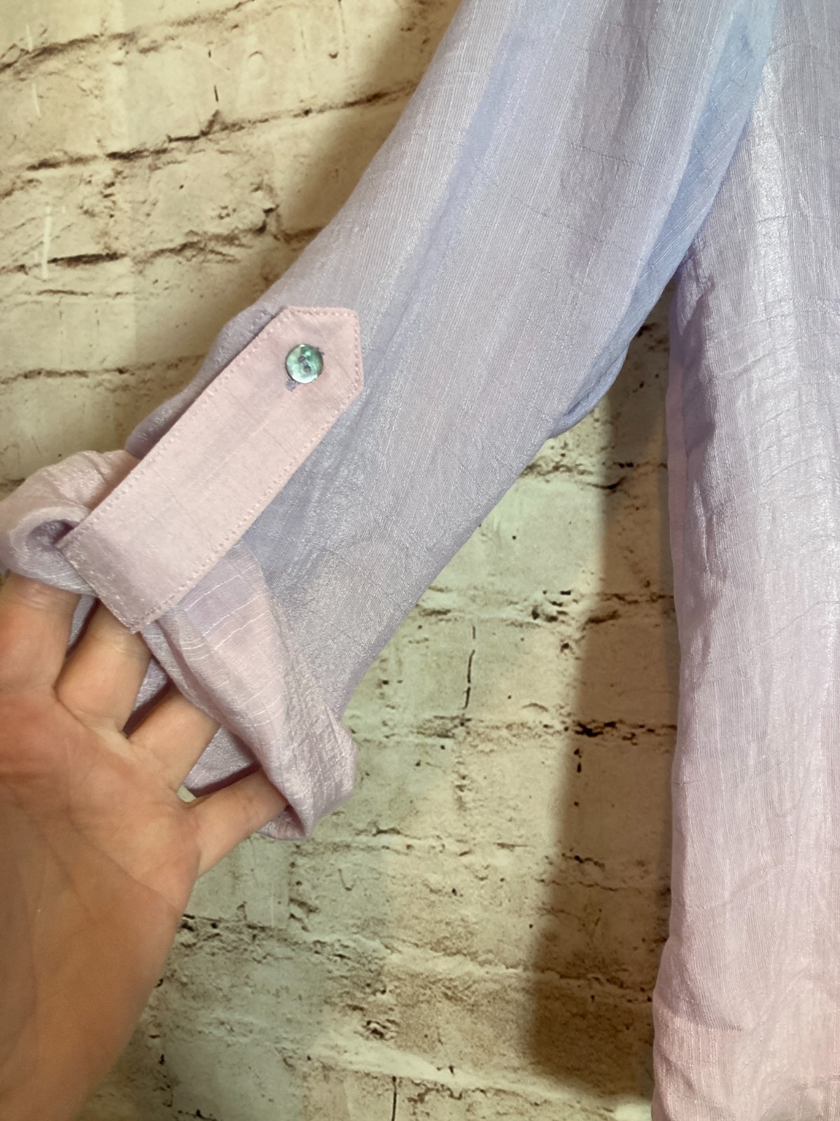 New Directions Top Large Pink & Blue Ombre Lightweight Button Up Roll Tab