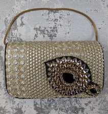 Gold Embellished Women's Evening Clutch Handbag with Gemstone Accent and Chain