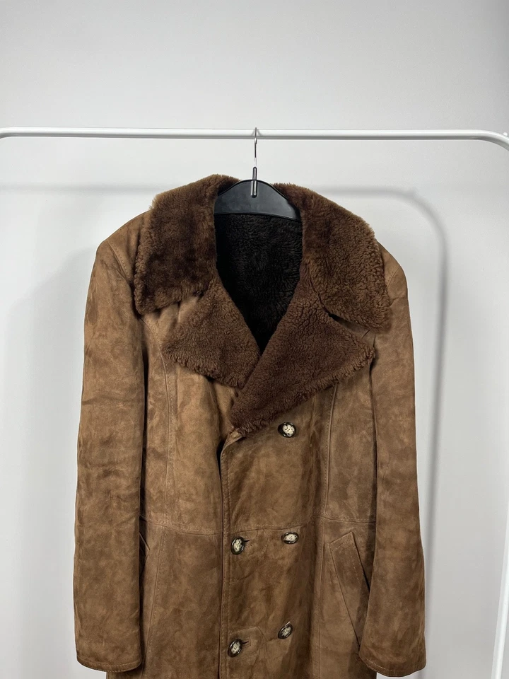 Vintage Brown Shearling Suede Coat Genuine Leather Double Breasted Fur Lined - Image 2 of 4