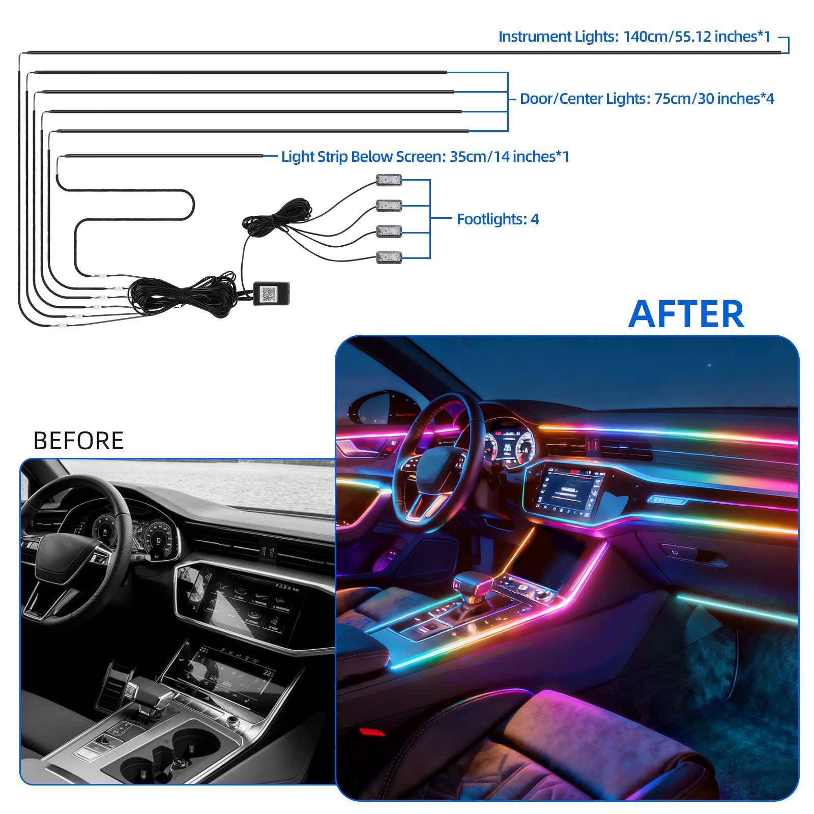 For Maserati 6 in 1 Car Interior LED Light Strips Kit RGB Neon Multi Color APP