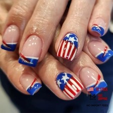 4th of July Press on Nails Short Square - Blue French Tip with Red Style-27