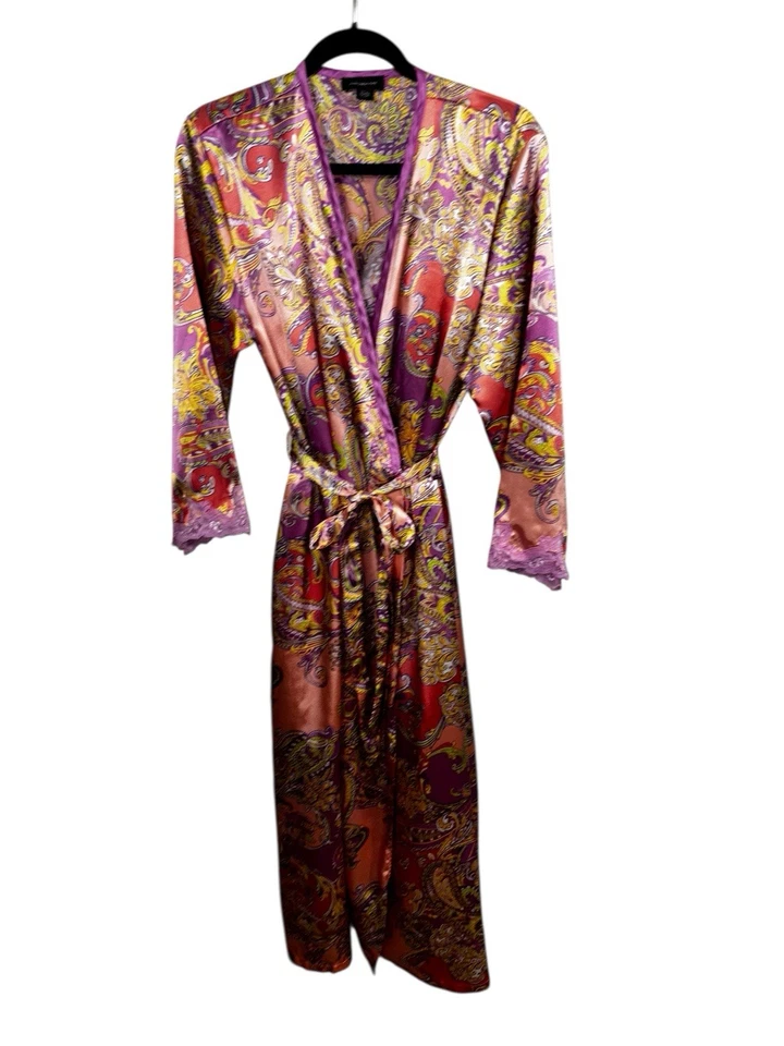 Jones New York Satin Paisley Robe & Nightgown Set L/XL Purple Pink Lace Trim Vtg - Image 2 of 4