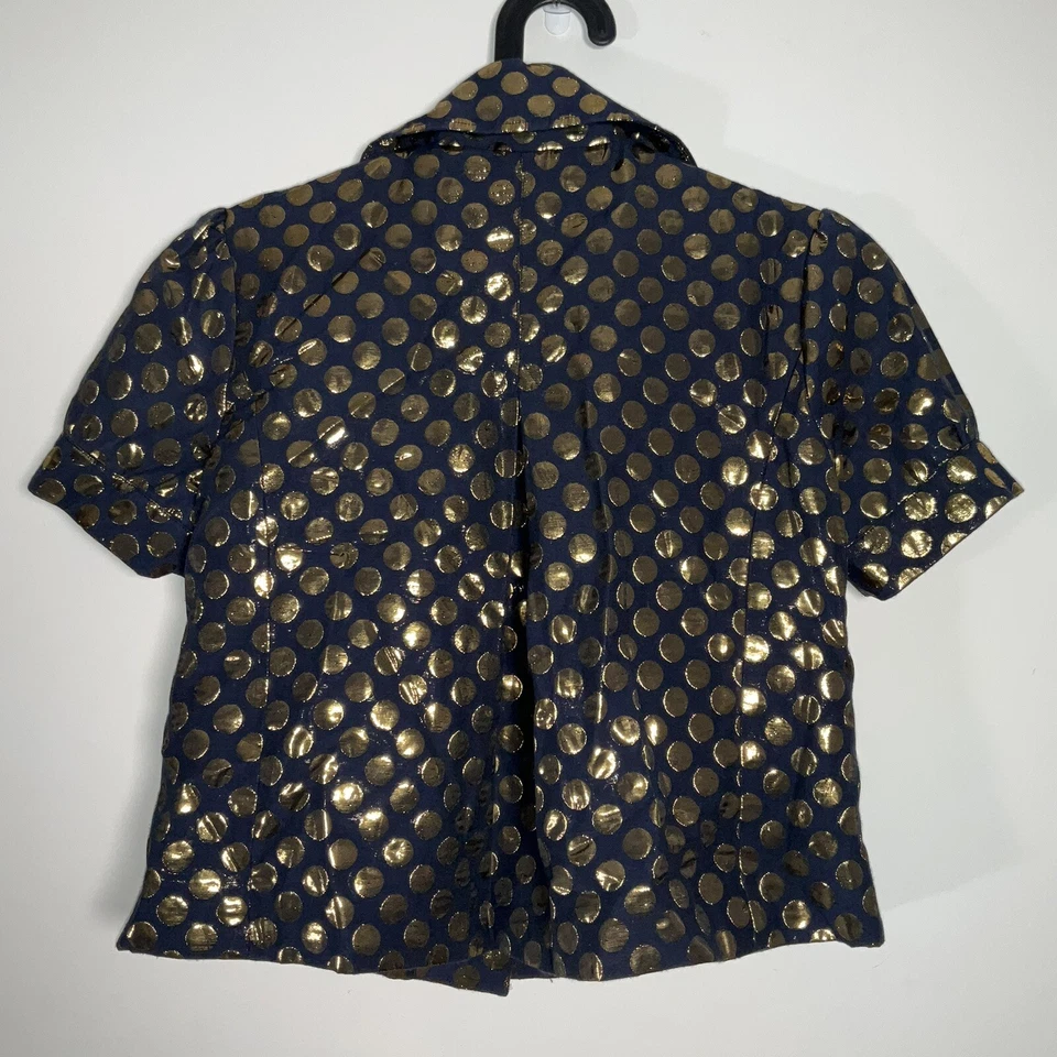 Walter Navy Gold Metallic Polka Dot Cropped Blazer Short Puff Sleeve Button Tie - Image 3 of 4