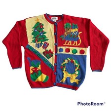 VTG ALEXANDRA BARTLETT Ugly Christmas CARDIGAN SWEATER Womens L Red HAND MADE