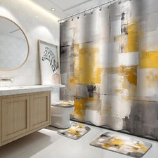 4Pcs Bathroom Sets with Shower Curtain and Rugs Yellow Brown Abstract Bathroo...