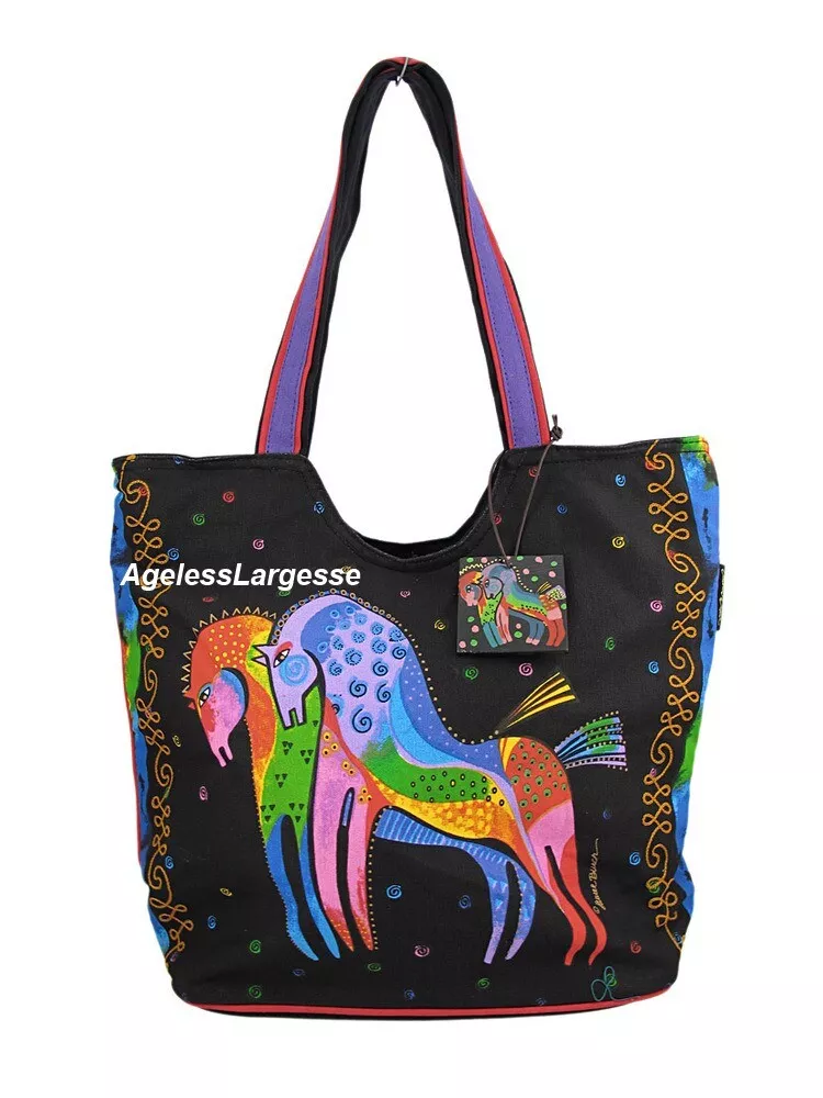 Laurel Burch Rainbow Horses on Black EXTRA LARGE Tote Bag New