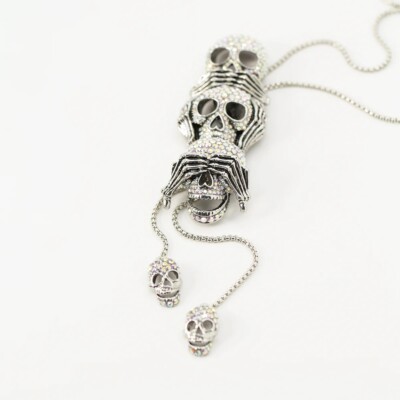 Butler and Wilson Clear Ab Crystal Three Wise Skull Lariat Drop Necklace  NEW UK