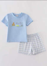 Boy's Boutique Blue Easter Cross He Is Risen Applique Gingham 2 Piece Outfit Set