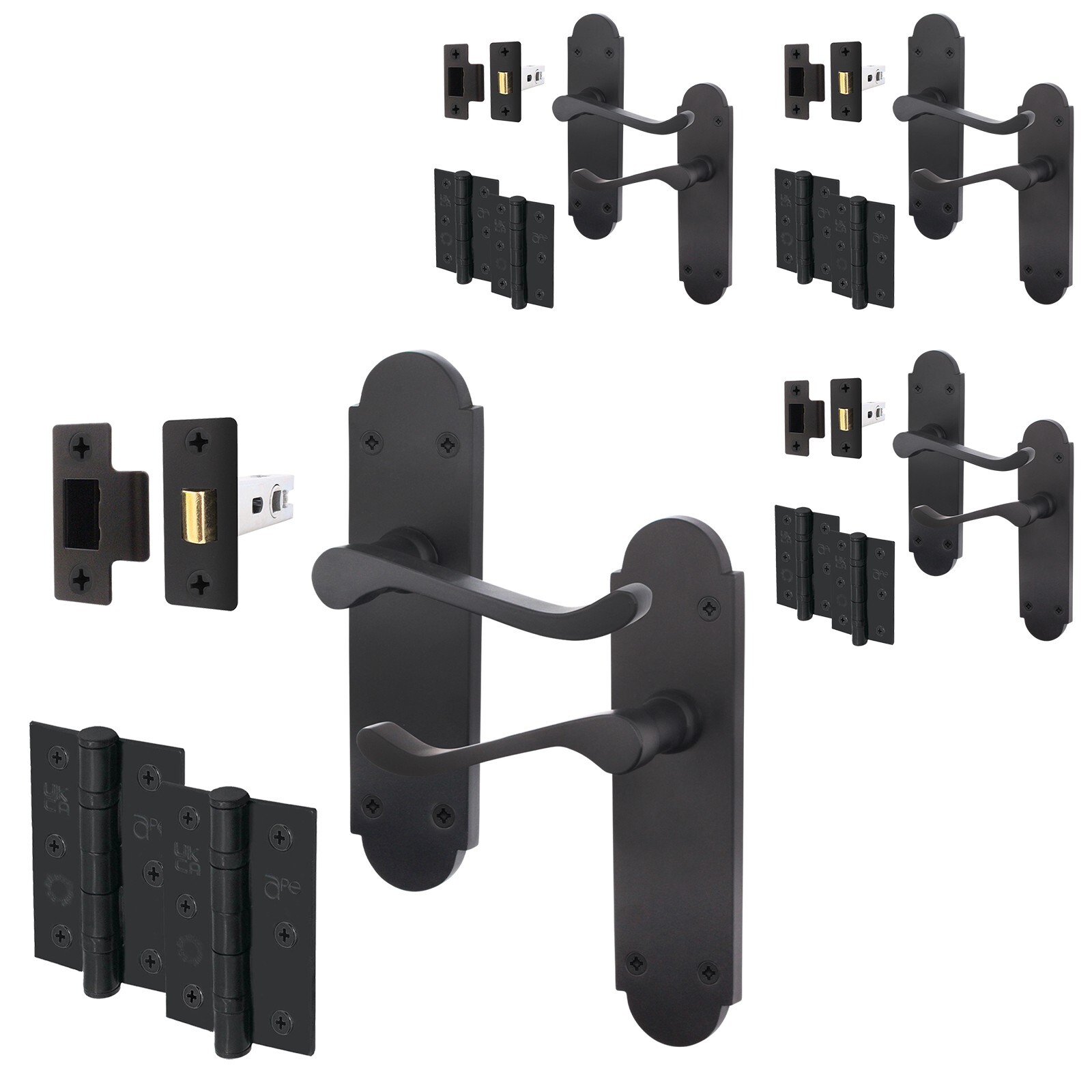 Matt Black Door Handle & Latch Set with Hinges 76mm, Victorian Scroll Shaped, X4