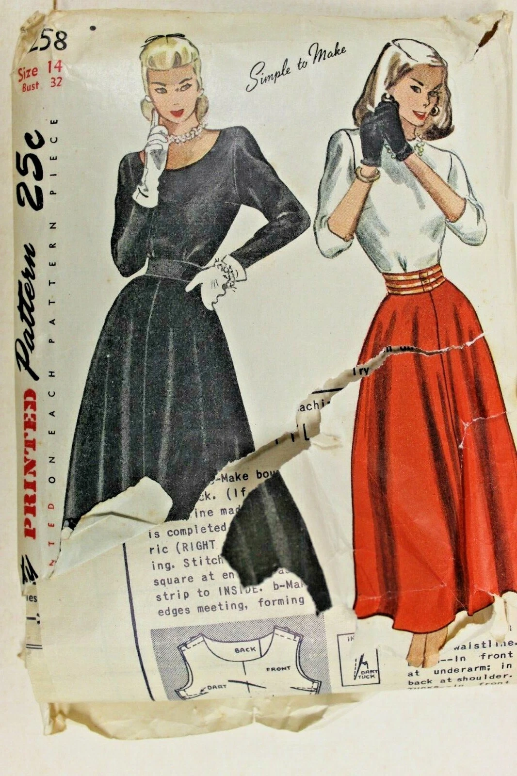 Vtg 1947 Sewing Pattern Simplicity #2258 Womens 1 PC Dress Party Sz 14